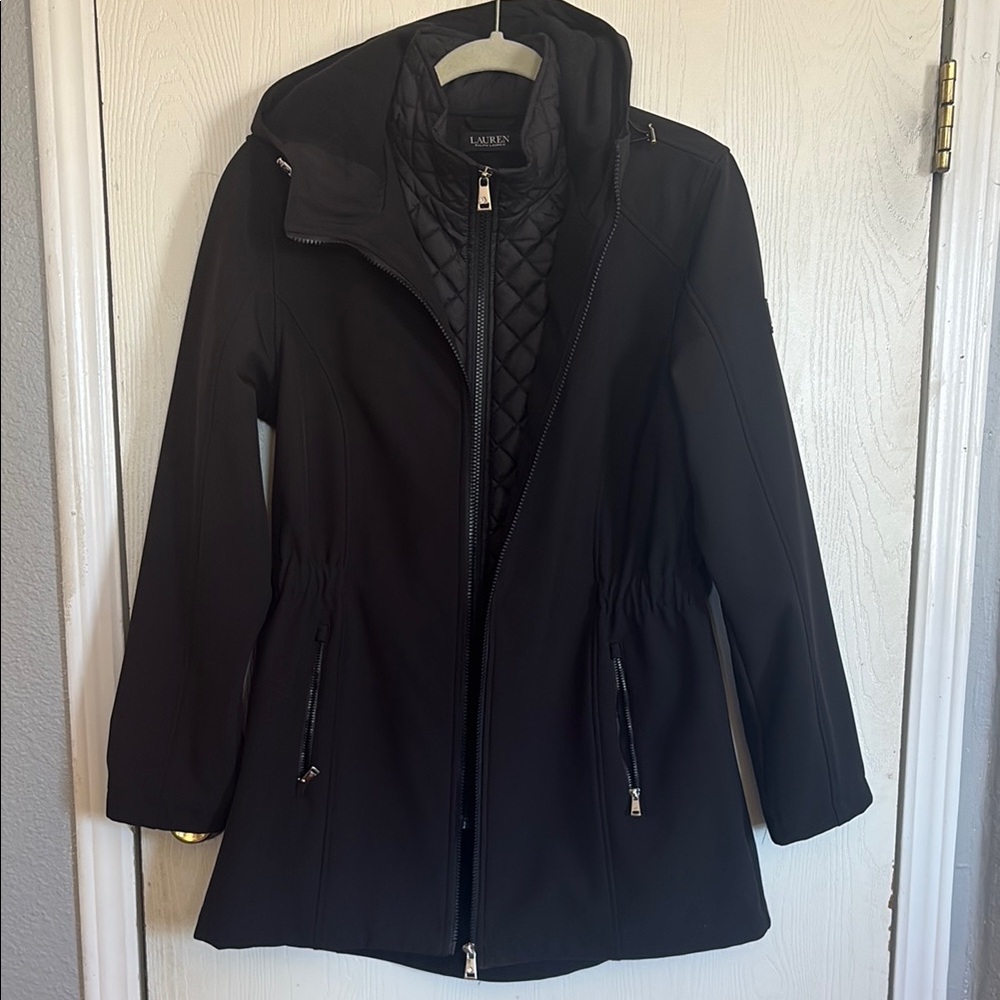 Lauren Ralph Lauren Black Hooded Water-Resistant Trench Coat